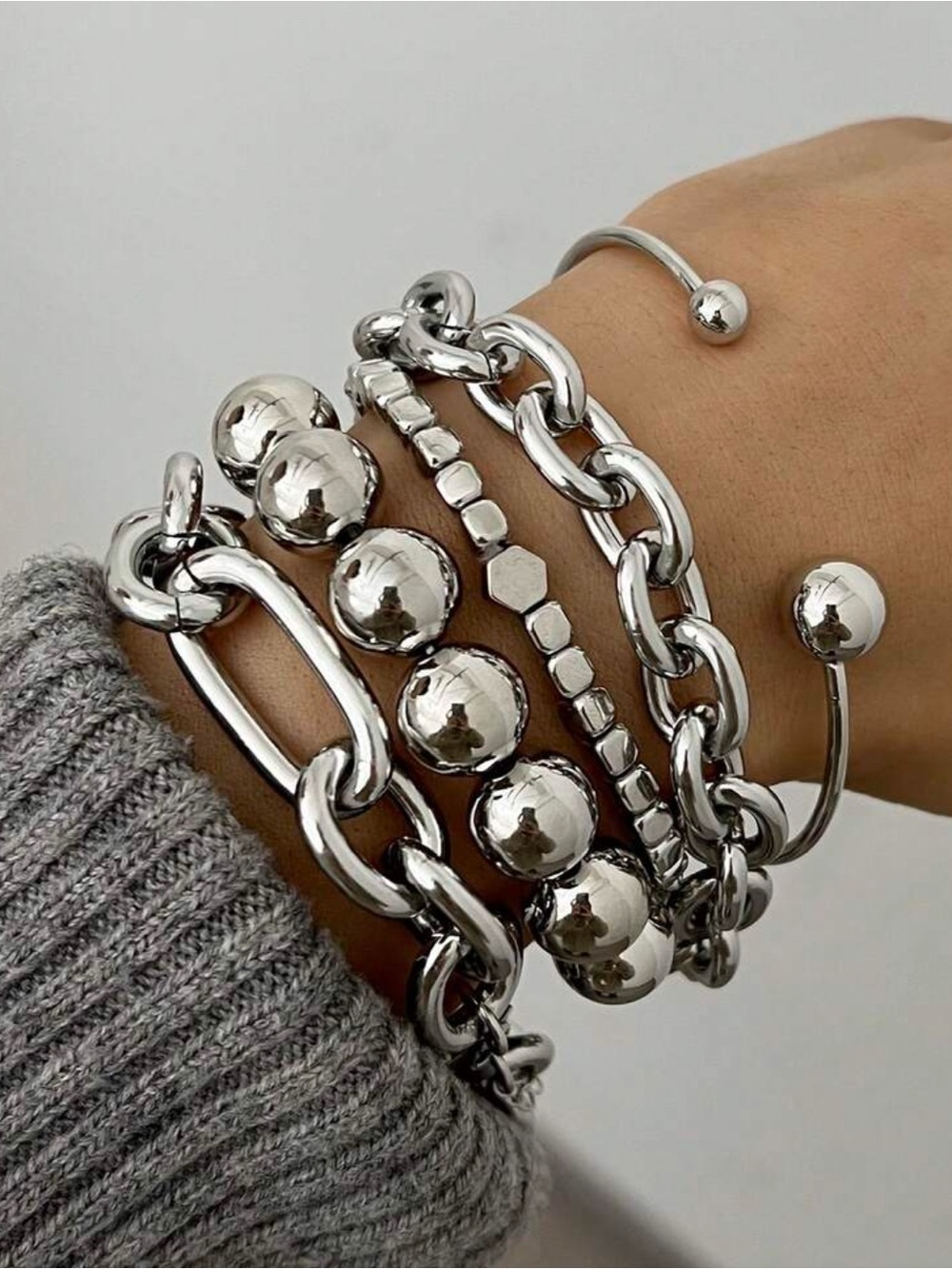 5pcs Silver Mixed Chain Bracelet Set